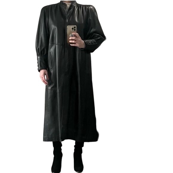 Vtg 80s Leather Coat Long Goth Whimsigoth Full Length Shoulder Pad Victorian L - Picture 3 of 15